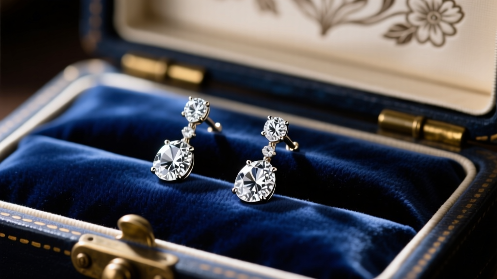Articulated diamond drop earrings resting on dark blue velvet, illuminated by soft cinematic lighting in a vintage jewelry box.