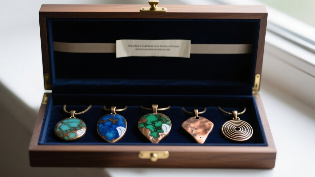 Several oxidized metal clay pendants stored inside a dark velvet-lined wooden box with a strip of anti-tarnish paper on the lid.