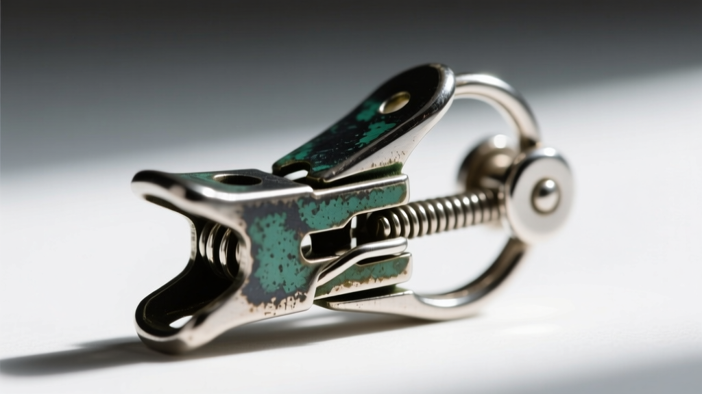 Close-up of a vintage paddle-back clip mechanism on a Marvella earring showing oxidized base metal and intact rhodium plating.