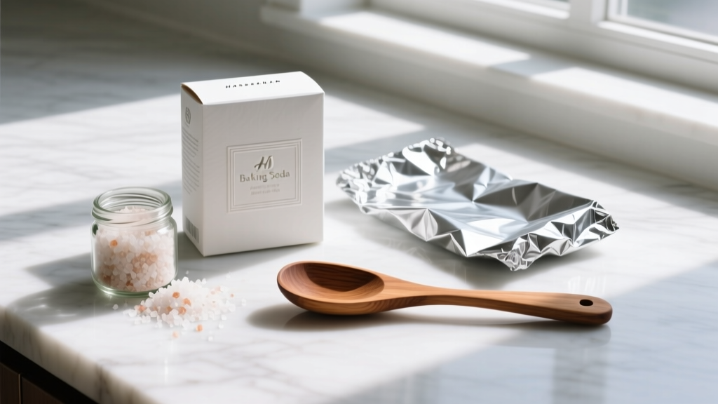 Flat lay of cleaning supplies including a box of baking soda, coarse sea salt, heavy-duty aluminum foil, and wooden kitchen tongs