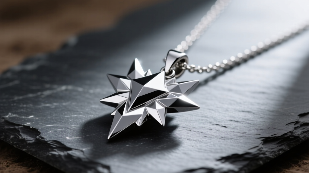 Macro photography of a metallic Gray Fullbuster necklace pendant featuring sharp geometric ice-shard edges resting on dark slate