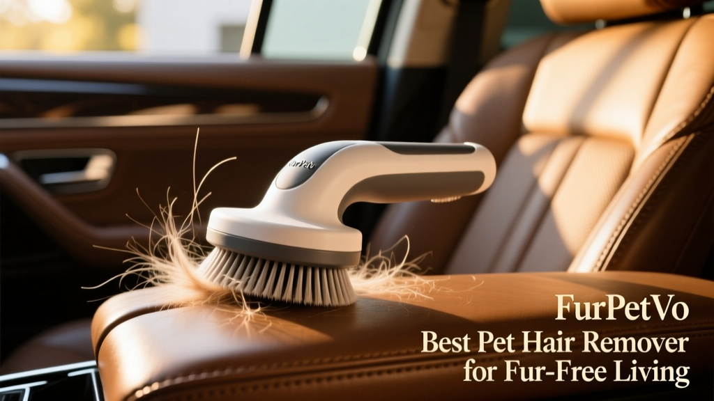 FurPetVo Ownpets Pet Hair Detailer in use on a leather car seat, with hair visibly lifting from the surface