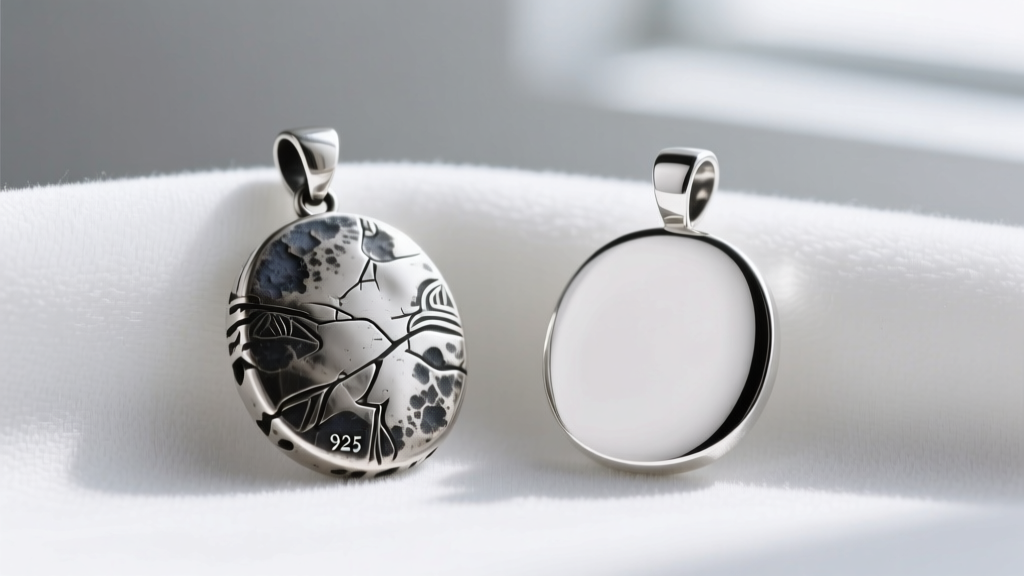 Oxidized 925 silver pendant with dark antiquing beside a polished Argentium silver pendant resting on white velvet fabric.