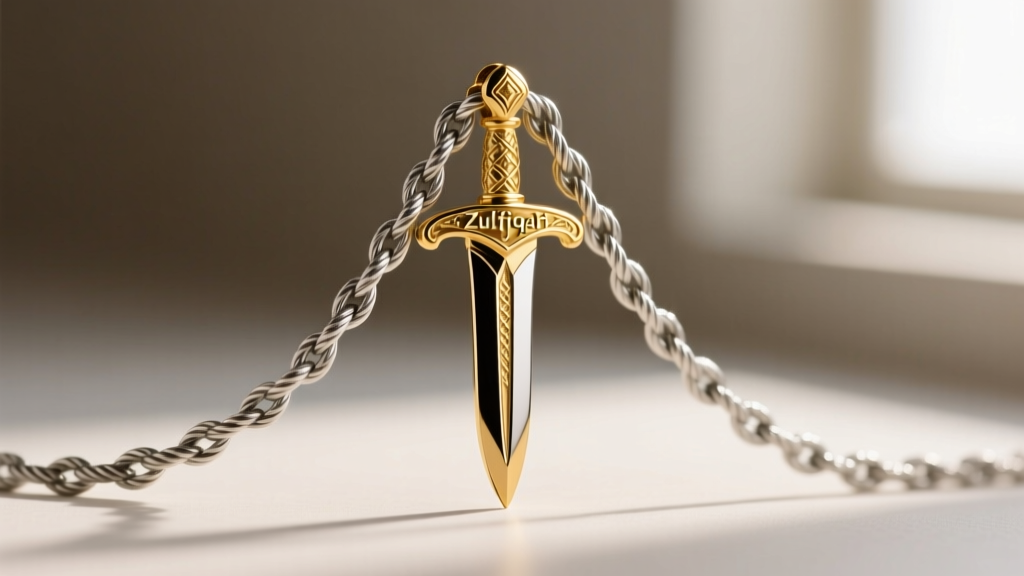 Macro photography of a 3mm stainless steel rope chain threading through the bail of a gold-plated Zulfiqar sword pendant.