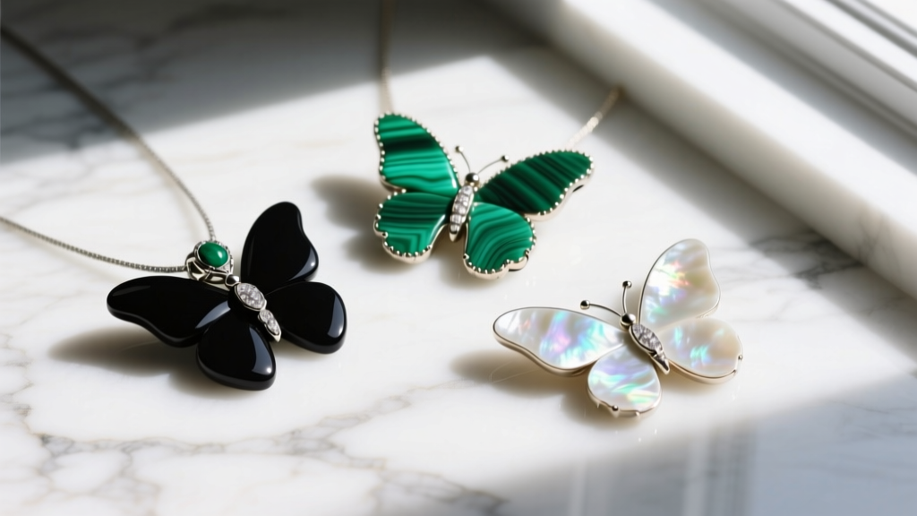 Flat lay of three VCA butterfly pendants in black onyx, green malachite, and white mother-of-pearl on a marble surface.