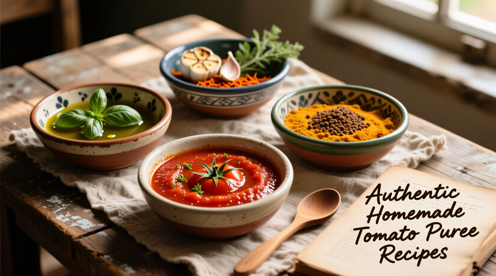 Homemade tomato puree recipes in colorful bowls