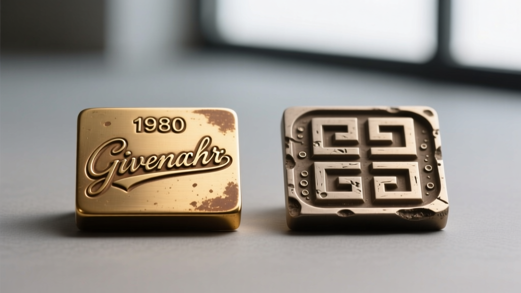Side-by-side comparison of an authentic 1980s Givenchy script hallmark stamped on brass versus a poorly cast counterfeit mark