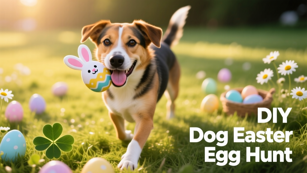 A happy mixed-breed dog holding a FurPetVo Easter Bunny Egg toy in its mouth, smiling in soft outdoor light