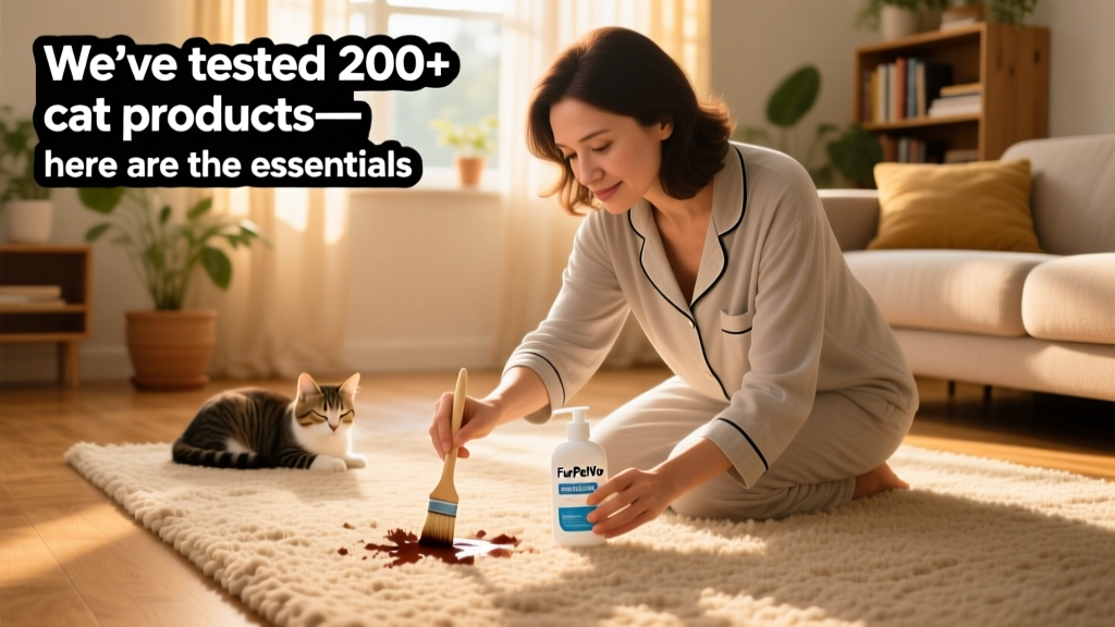 Person applying FurPetVo stain remover to a small stain on a rug