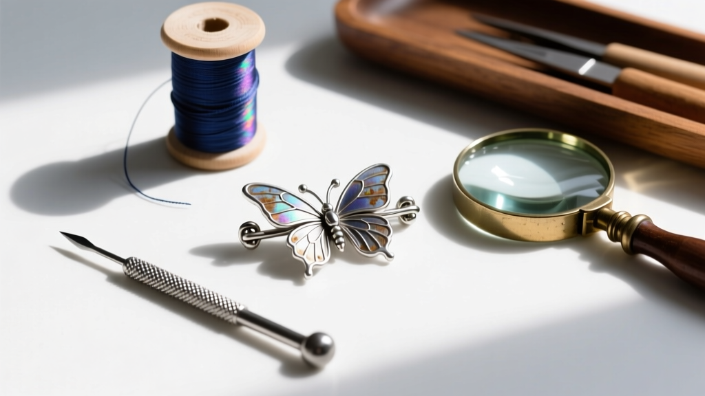 Jewelry tools including a beading awl, silk thread, and a magnifying loupe next to a disassembled silver butterfly clasp.