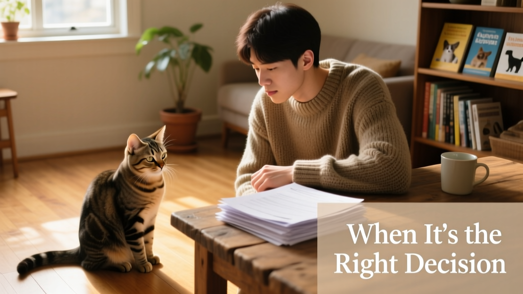 A calm, well-cared-for cat sitting beside a thoughtful person looking at adoption paperwork