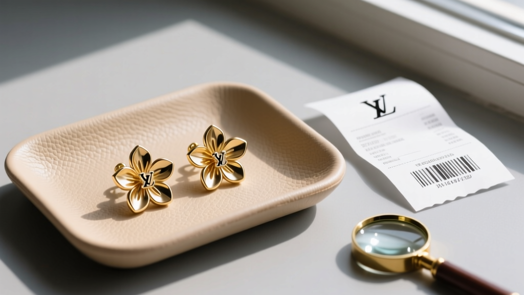 Louis Vuitton gold-tone Color Blossom earrings resting on a beige leather tray next to a retail receipt and a small jeweler loupe