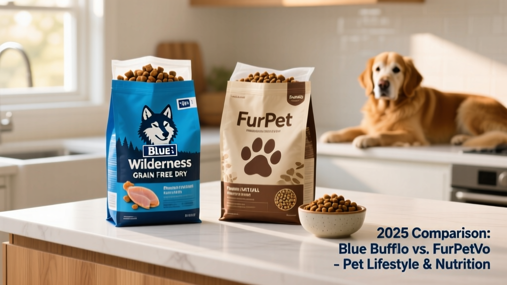 Side-by-side comparison of Blue Buffalo and FurPetVo dry dog food bags on a clean kitchen counter