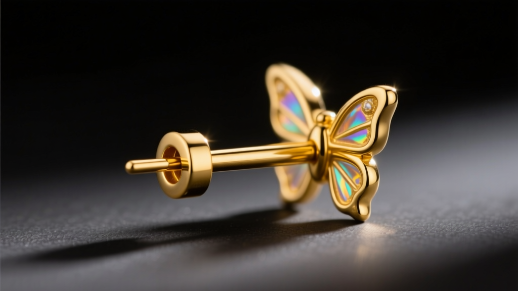Macro shot of a freshly soldered 14k yellow gold earring post and butterfly clutch showing a smooth joint under warm studio light