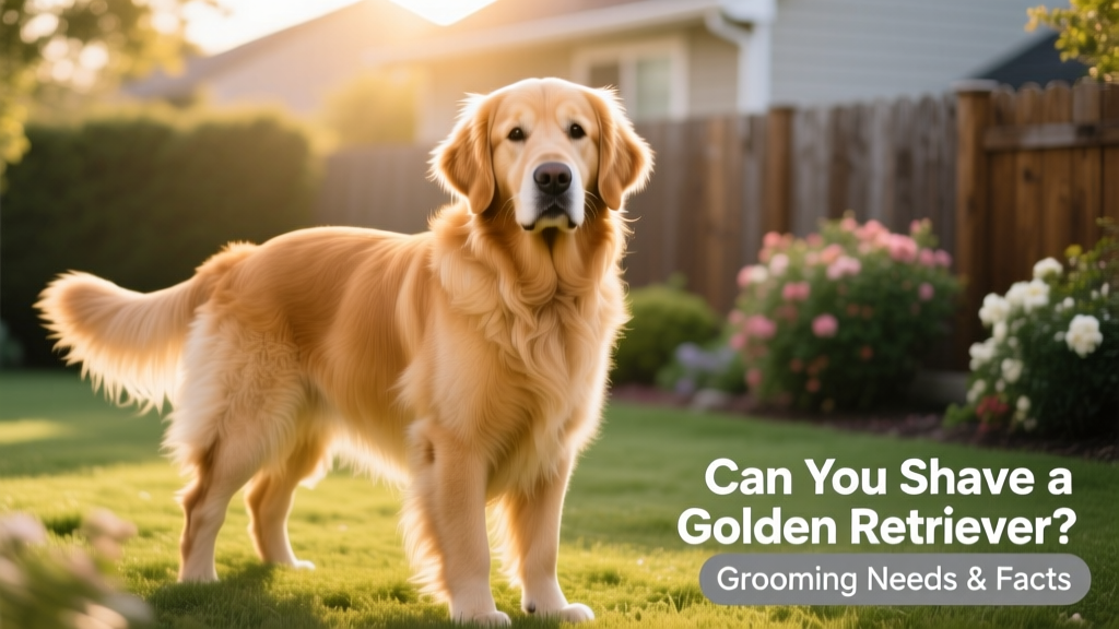 Golden Retriever standing outdoors, showing its full double coat with visible feathering on ears and tail