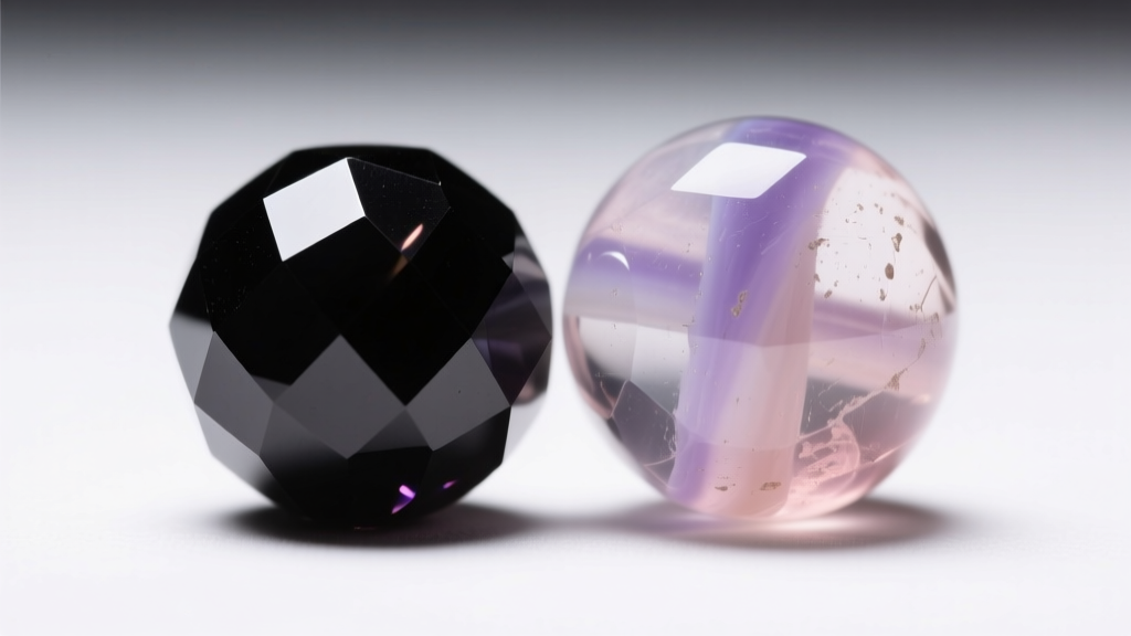 Macro shot of faceted black onyx bead next to a faded dyed glass bead, highlighting color differences under bright LED lighting.