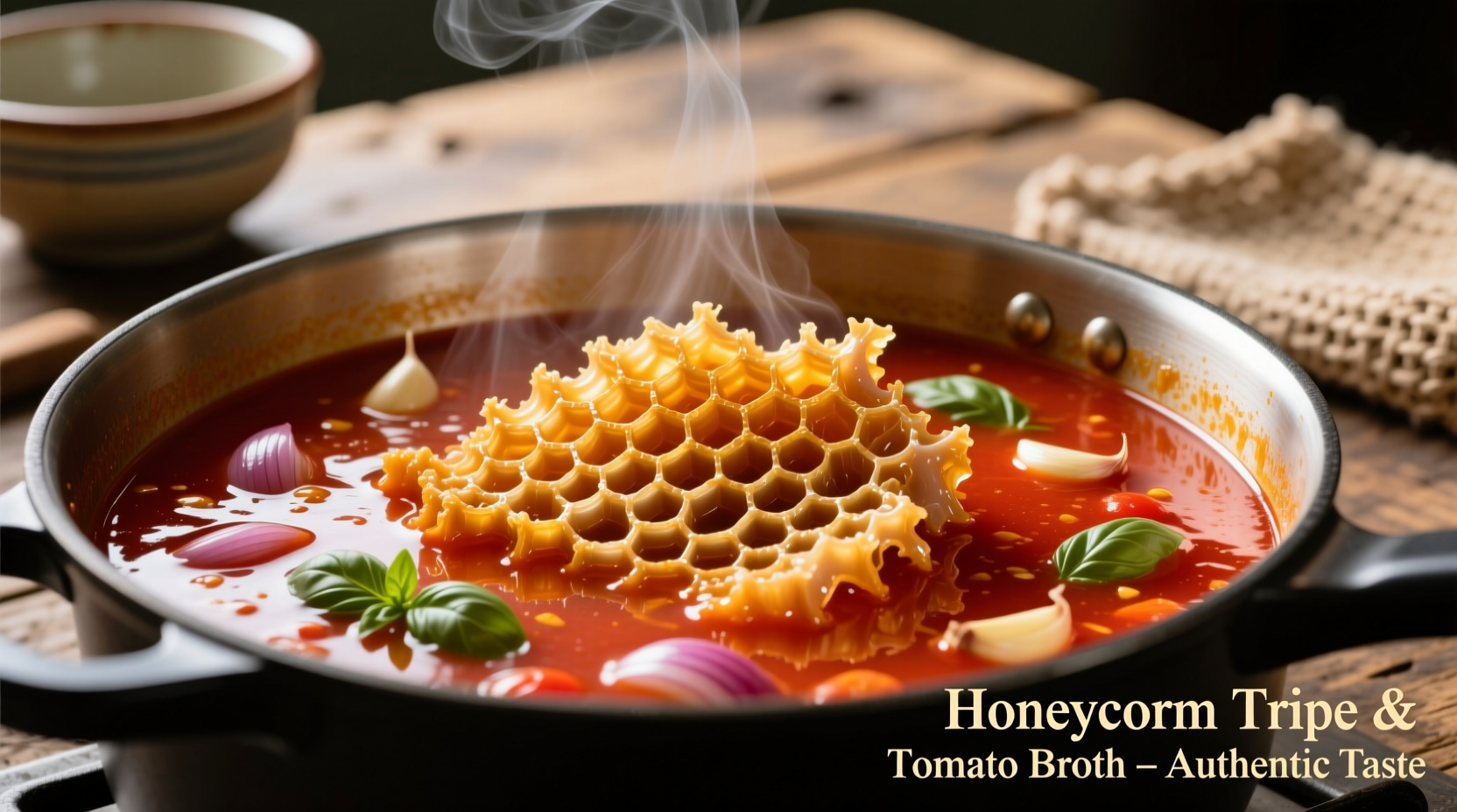 Honeycomb tripe simmering in rich tomato broth