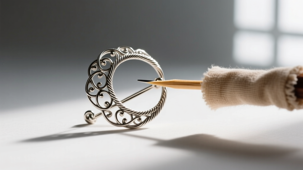 Close-up of a toothpick wrapped in a polishing cloth gently buffing the raised wires of a vintage silver filigree brooch