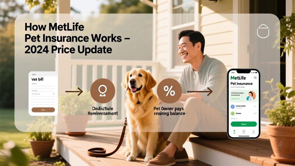 Infographic showing how pet insurance reimbursement works: vet bill → deductible → reimbursement percentage → pet owner pays remaining balance