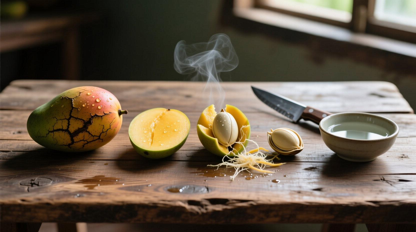 Mango seed preparation stages on wooden table