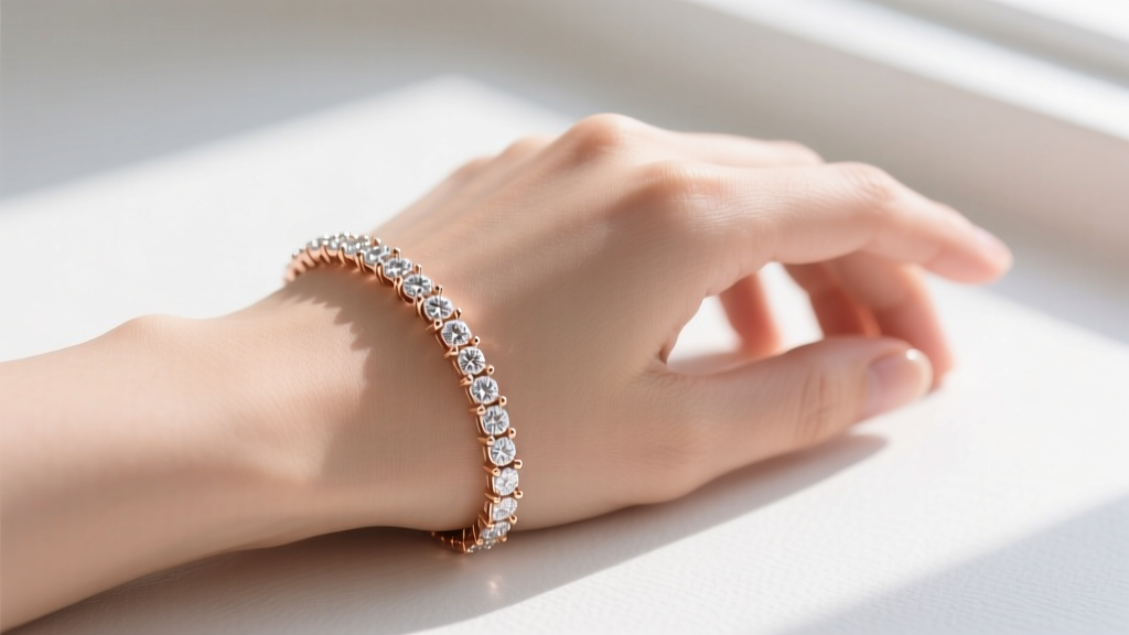 Close-up of a diamond pavé rose gold bracelet on a woman's wrist holding a champagne flute at a dimly lit anniversary dinner