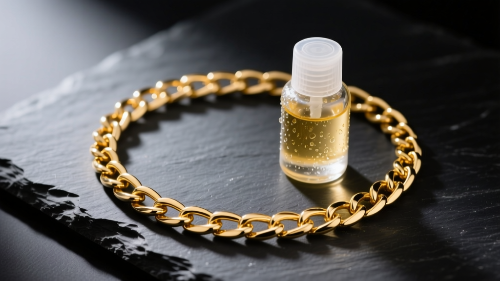 Overhead view of a 14k yellow gold chain next to a small glass bottle of jewelry cleaner on a dark slate surface, studio lighting