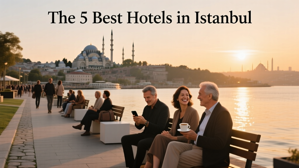 skyline of Istanbul, Turkey, with a large mosque in the background and people milling about along the waterfront in the foreground