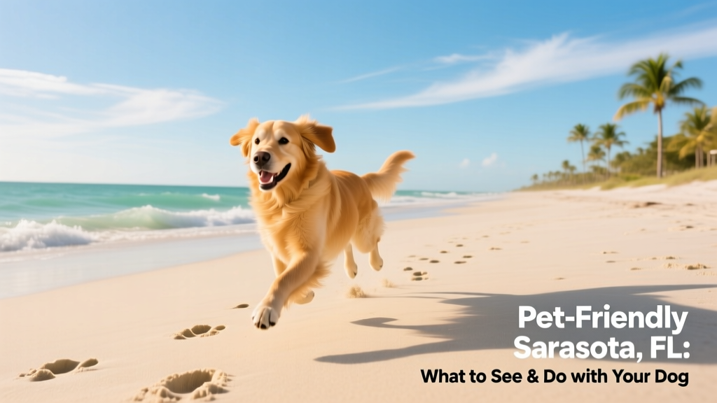 A happy dog running freely along a wide, sandy Florida beach with gentle waves and clear blue sky