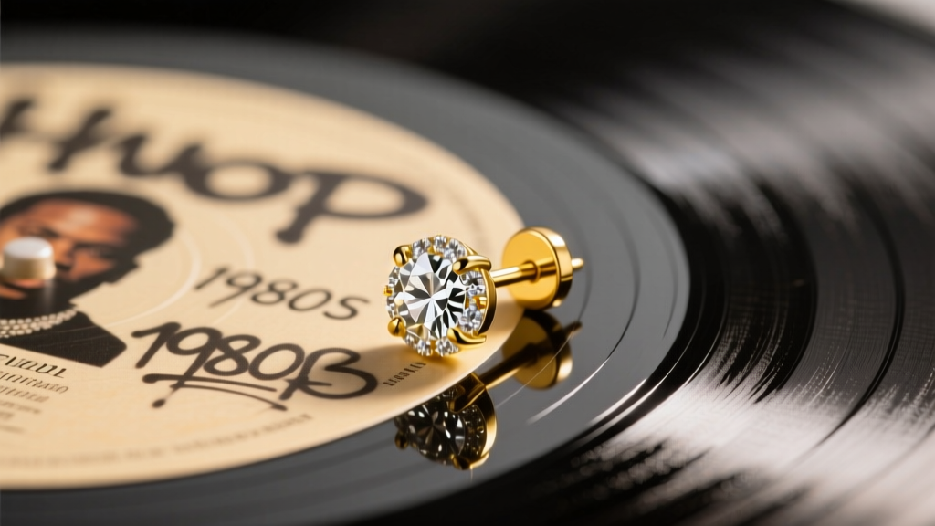 Close-up of a 14k yellow gold diamond stud earring resting on a vintage hip-hop vinyl record under soft, warm studio lighting.