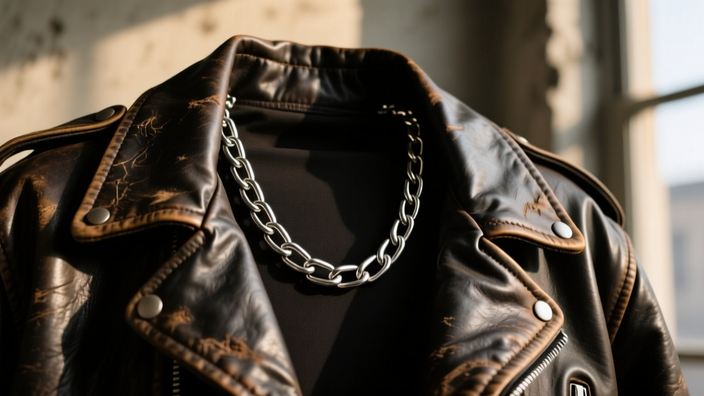 Rugged 5mm stainless steel curb chain necklace resting on a worn vintage leather jacket collar under moody cinematic lighting