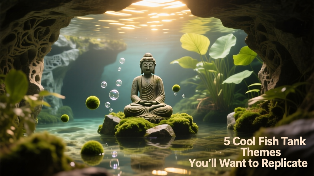 A serene underwater zen aquarium with stone caves, a Buddha statue, moss balls, and gentle bubbling