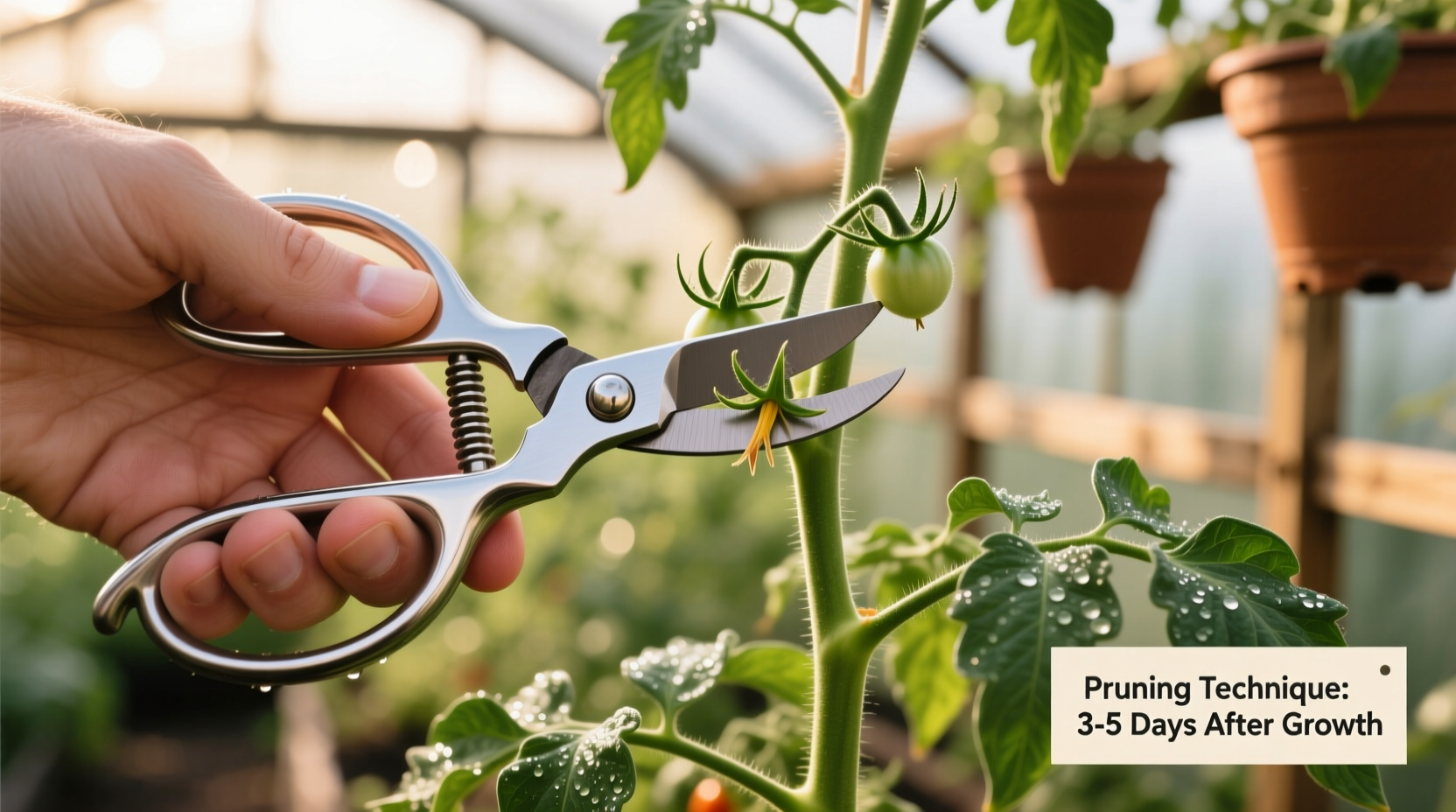Close-up of hand pruning tomato suckers with clean shears