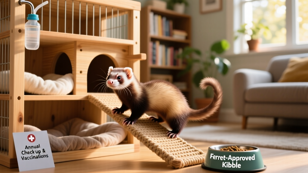 A playful ferret exploring a cozy, multi-level cage with tunnels and soft bedding
