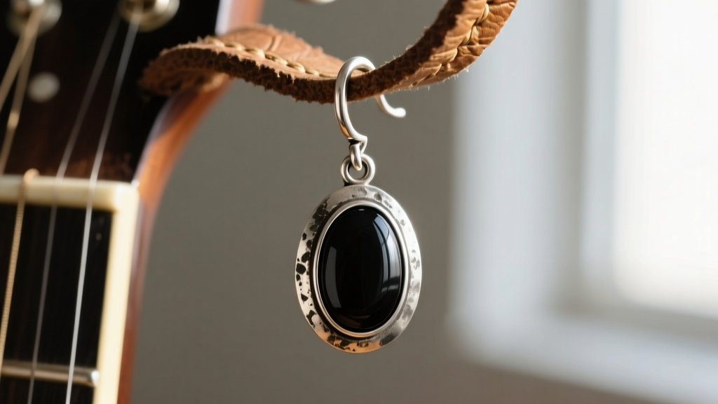Macro shot of an oxidized sterling silver drop earring with a black onyx cabochon resting on a worn, vintage leather guitar strap.