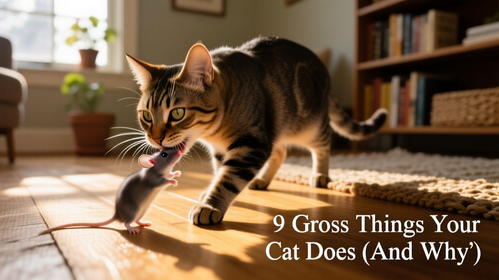 Cat holding a small mouse in its mouth on a sunlit floor