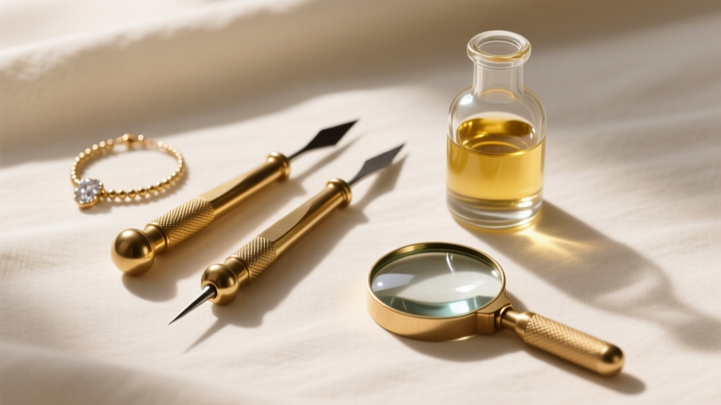 Flat lay of jewelry untangling tools including two brass beading awls, mineral oil, and a 10x jeweler