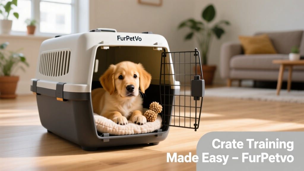 A calm, happy puppy resting comfortably inside a well-appointed FurPetVo crate with a soft mat and chew toy