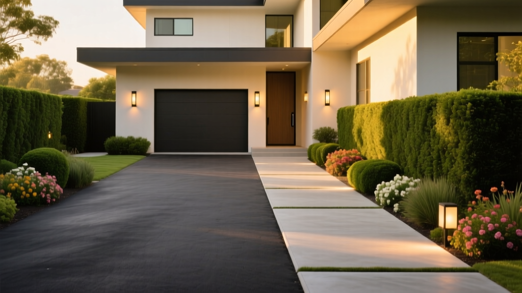 Split asphalt and concrete driveway dividing a modern home entrance, bordered by green landscaping and warm exterior lighting.