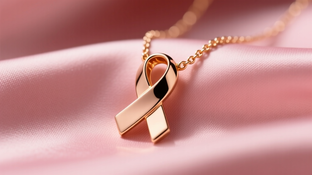 Close-up of a polished 14k rose gold breast cancer ribbon necklace resting on soft pink silk fabric under warm studio lighting.