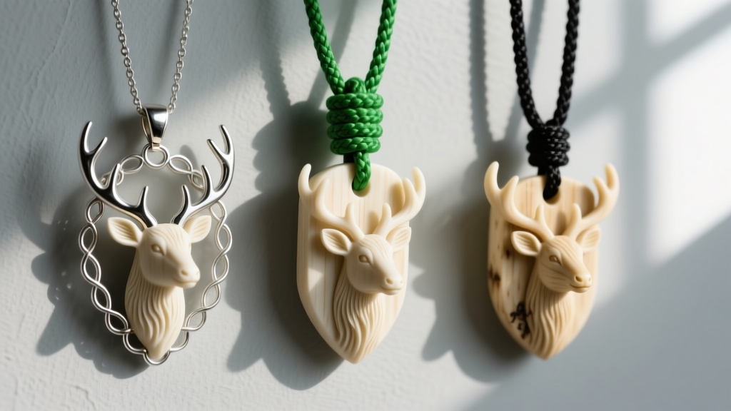 Three elk ivory pendants side-by-side: one in sterling silver wire, one on green paracord, and one on black waxed cotton cord.