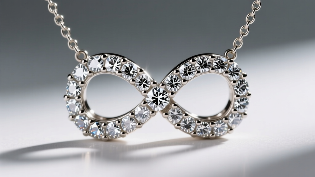 Extreme close-up of a pavé cubic zirconia infinity pendant showing microscopic prong settings and a delicate 1mm box chain link.