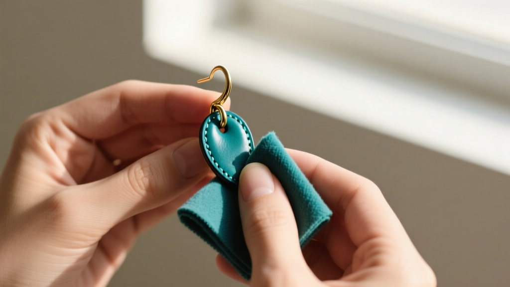 Hands wiping teal leather for leather earrings with a microfiber cloth, focusing closely on the brass hook connection point