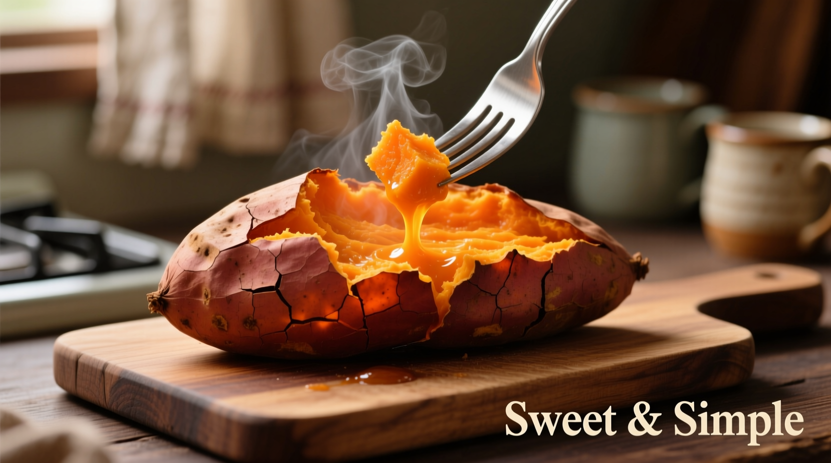 Perfectly baked sweet potato with fork showing tender interior