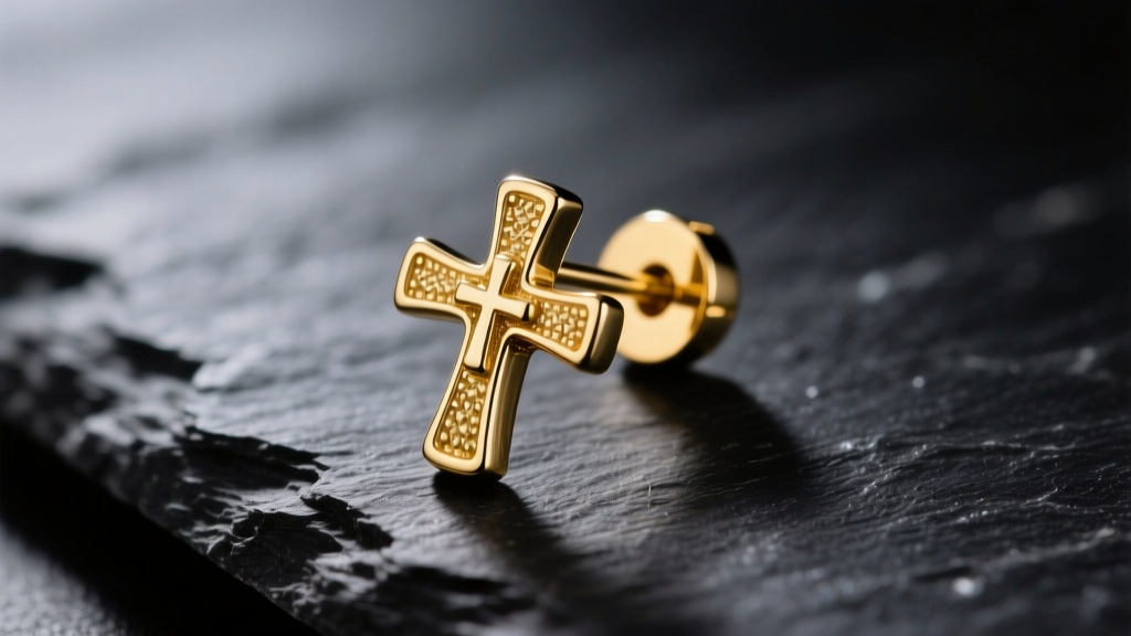 Macro shot of a 14k yellow gold earring with cross charm on dark slate, highlighting the clasp under soft studio lighting.