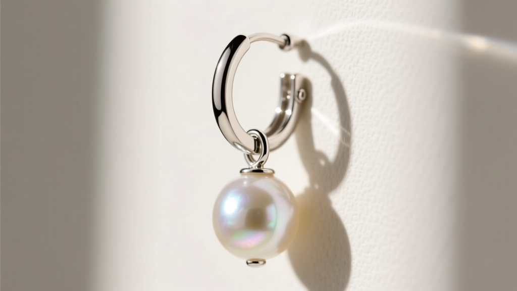 Macro shot of a 16-gauge sterling silver jump ring earring holding a pearl charm, highlighting a secure split-ring connection.