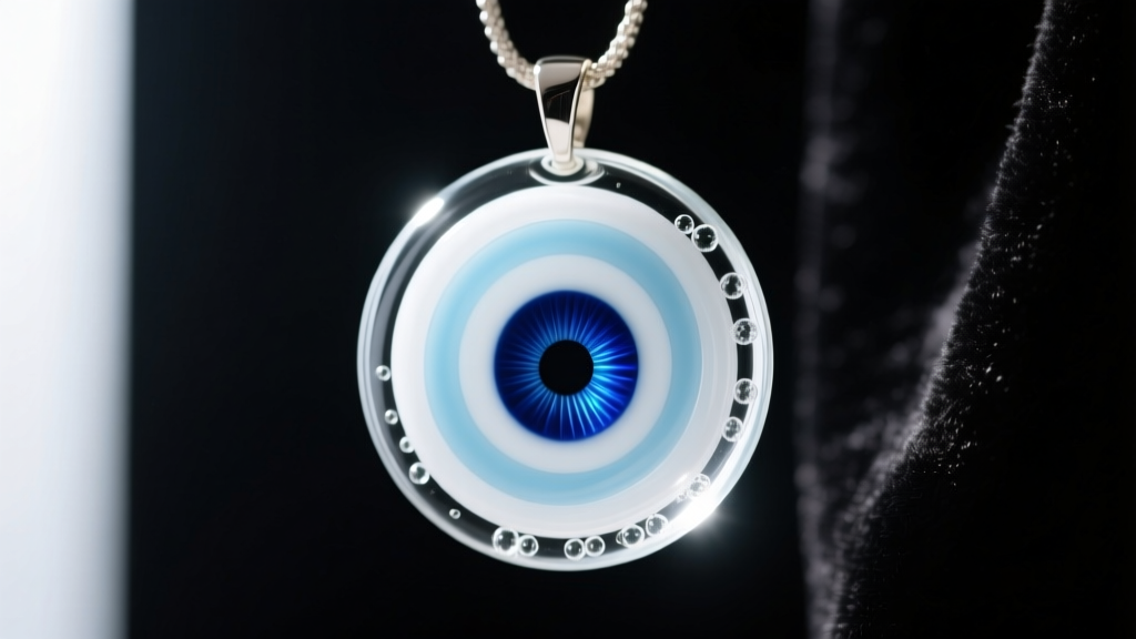 Macro shot of a handmade glass evil eye pendant with layered bands of white, light blue, and deep cobalt center on dark velvet.