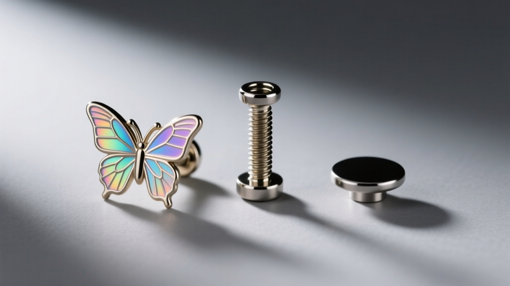 Macro shot comparing butterfly, screw-back, and flat-back labret posts for square mens earrings on a grey backdrop.
