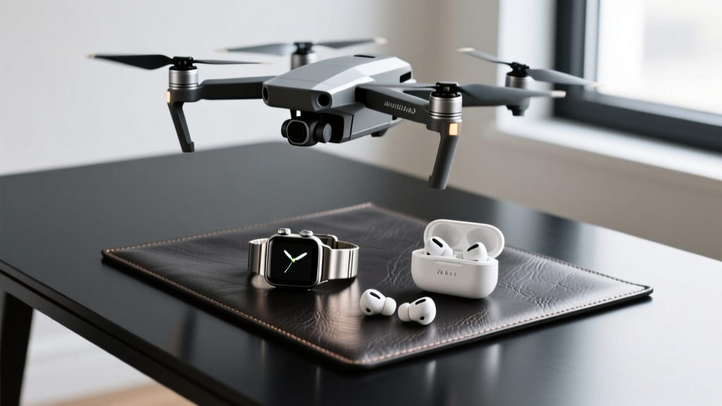 A sleek matte black desk setup featuring a titanium smartwatch, premium wireless earbuds, and a high-end drone resting on a leather mat.