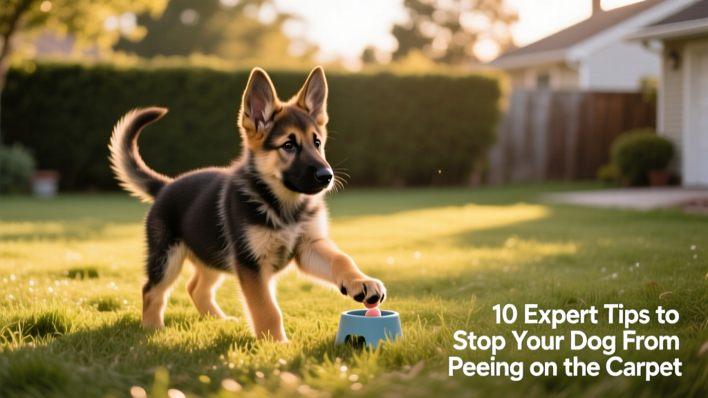 A German Shepherd puppy confidently peeing on grass during outdoor potty training