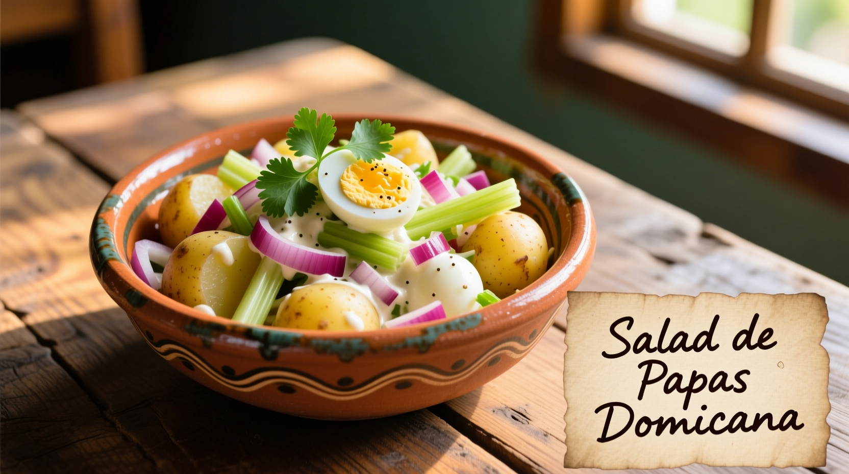 Dominican potato salad in traditional ceramic bowl